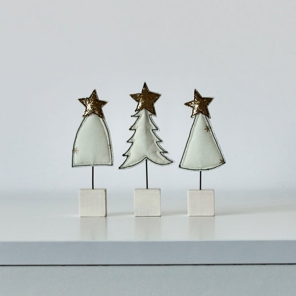 Three Christmas Trees with Painted Wooden Block Stands