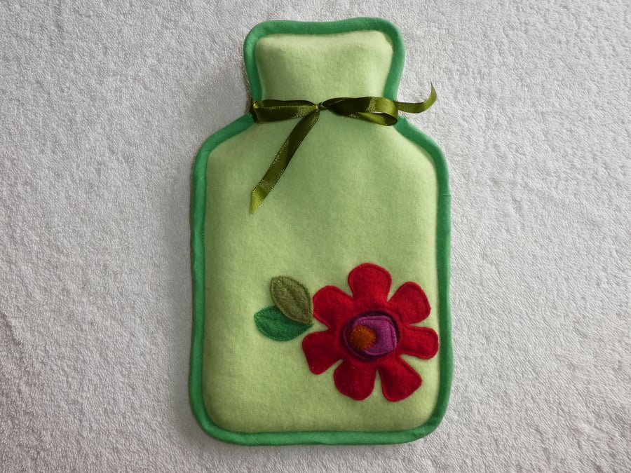 Cashmere Recycled Hot Water Bottle Cover with Applique Flower. Green Bias Finish