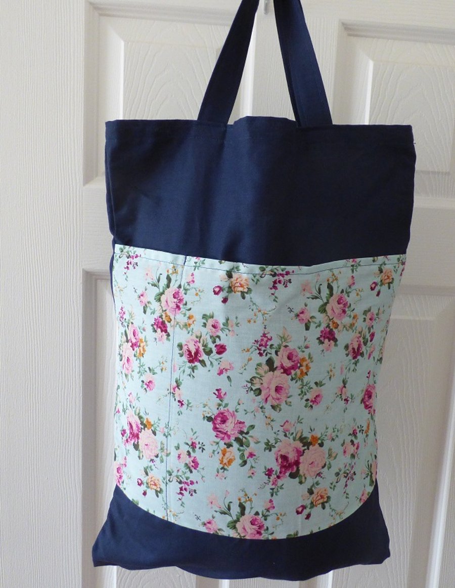 Blue and pink floral tote bag