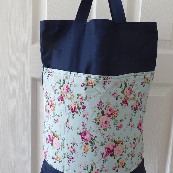 Blue and pink floral tote bag