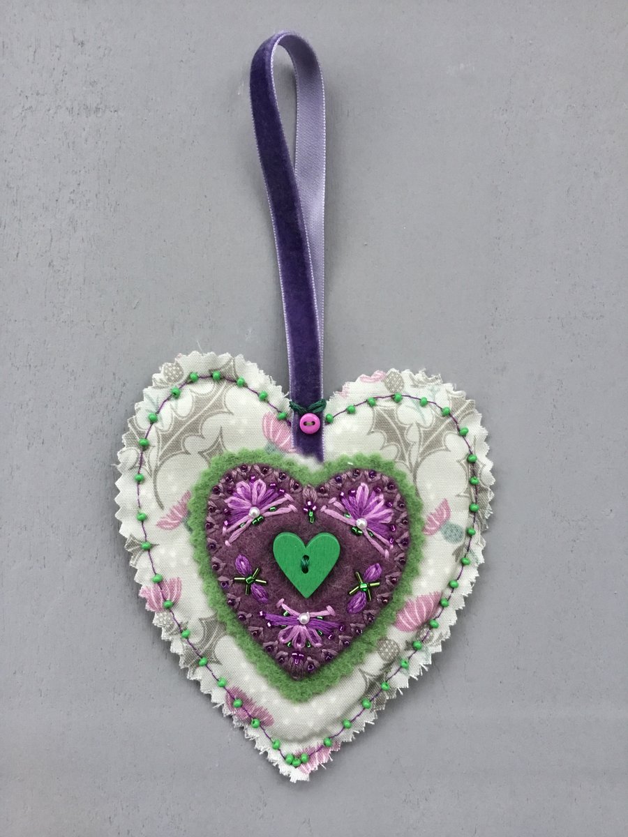 Hand Embroidered Scottish Thistle Hanging Heart Decoration 