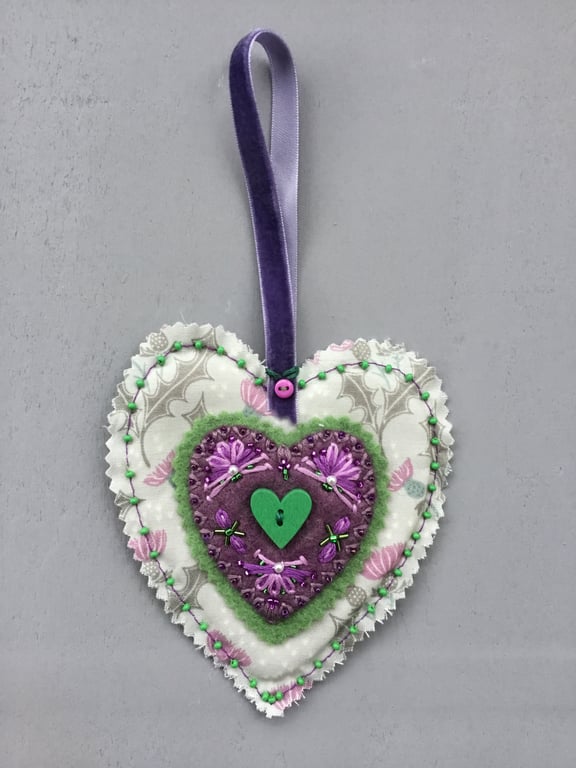 Hand Embroidered Scottish Thistle Hanging Heart Decoration 