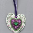 Hand Embroidered Scottish Thistle Hanging Heart Decoration 