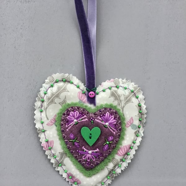 Hand Embroidered Scottish Thistle Hanging Heart Decoration 