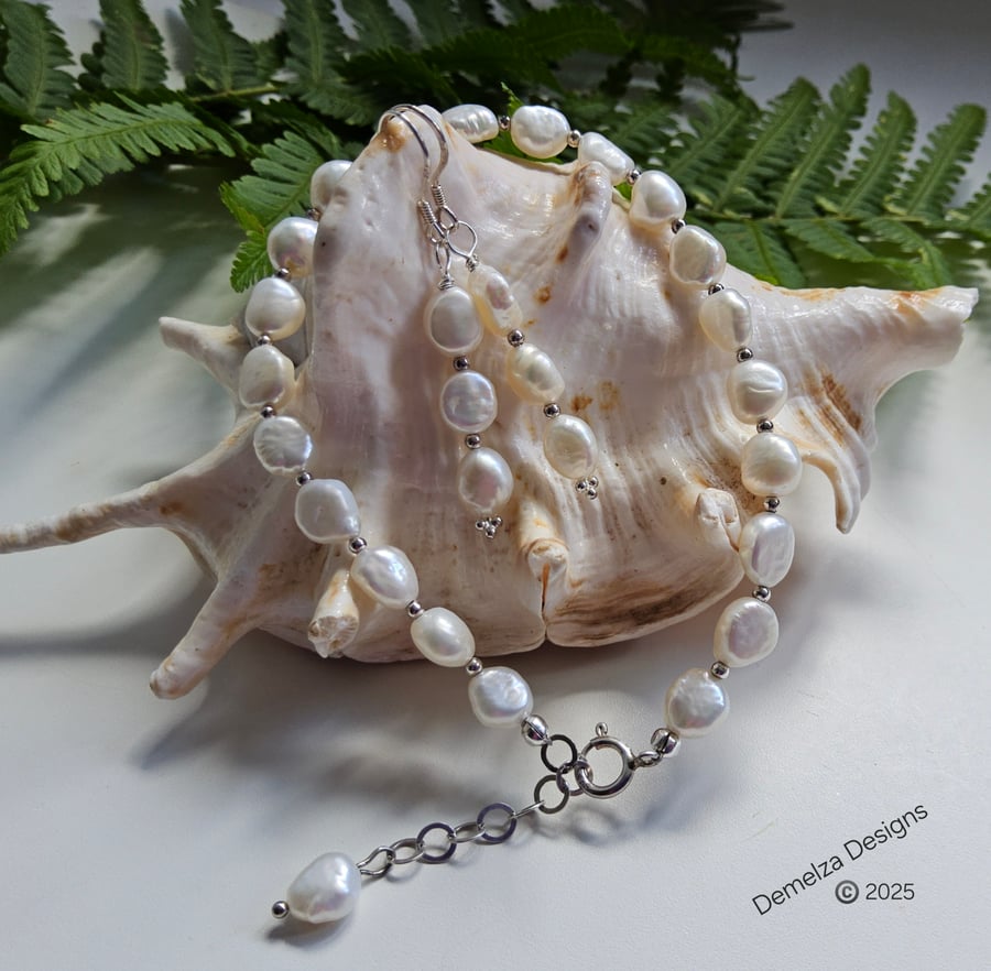 Ivory White Keshi Pearl Bridal Bracelet & Earrings Set Sterling Silver