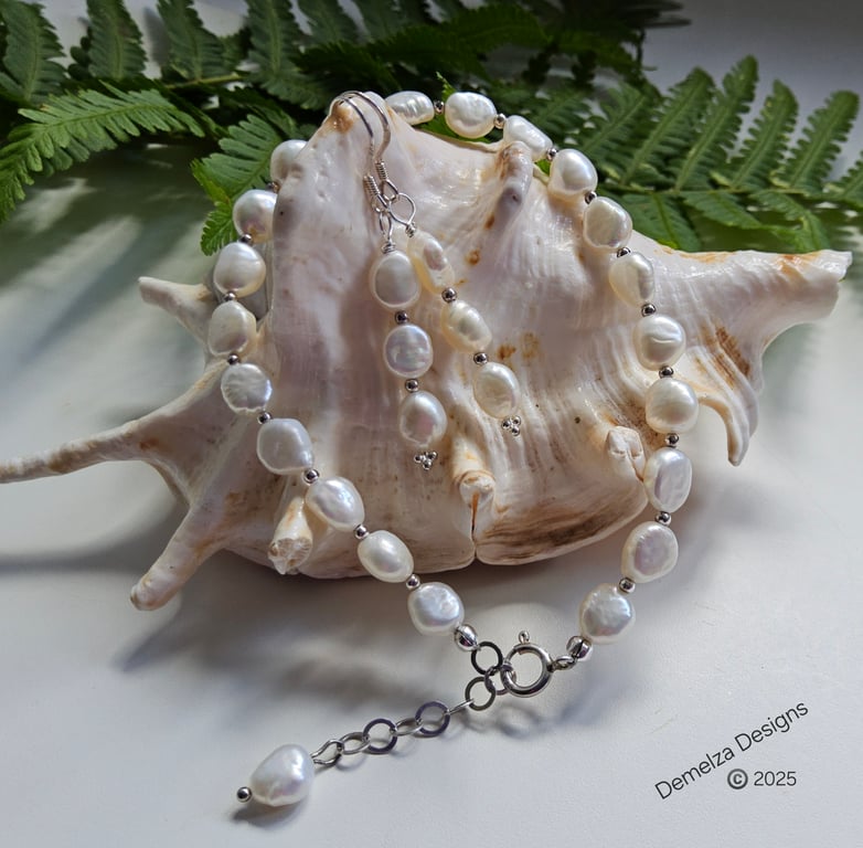 Ivory White Keshi Pearl Bridal Bracelet & Earrings Set Sterling Silver