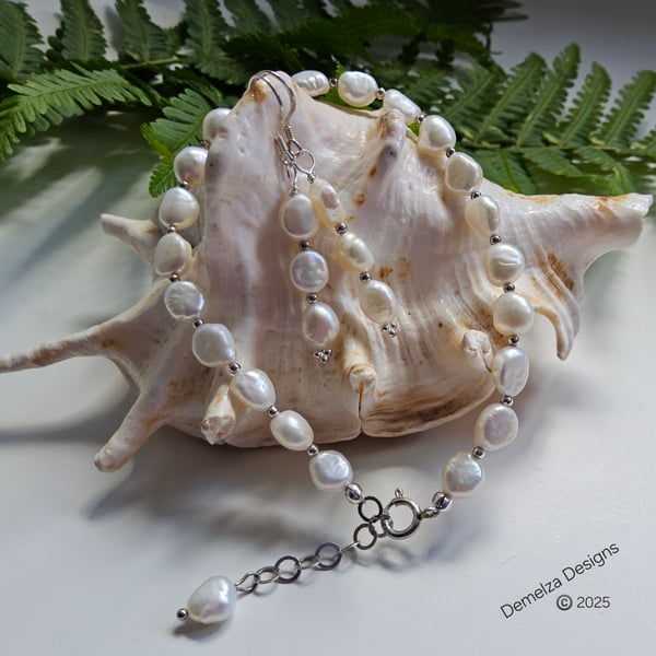 Ivory White Keshi Pearl Bridal Bracelet & Earrings Set Sterling Silver