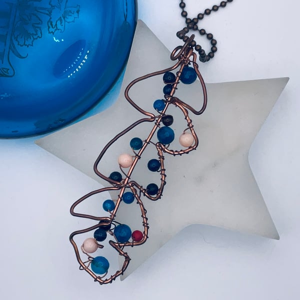 Bargain copper leaf pendant with gemstone beads