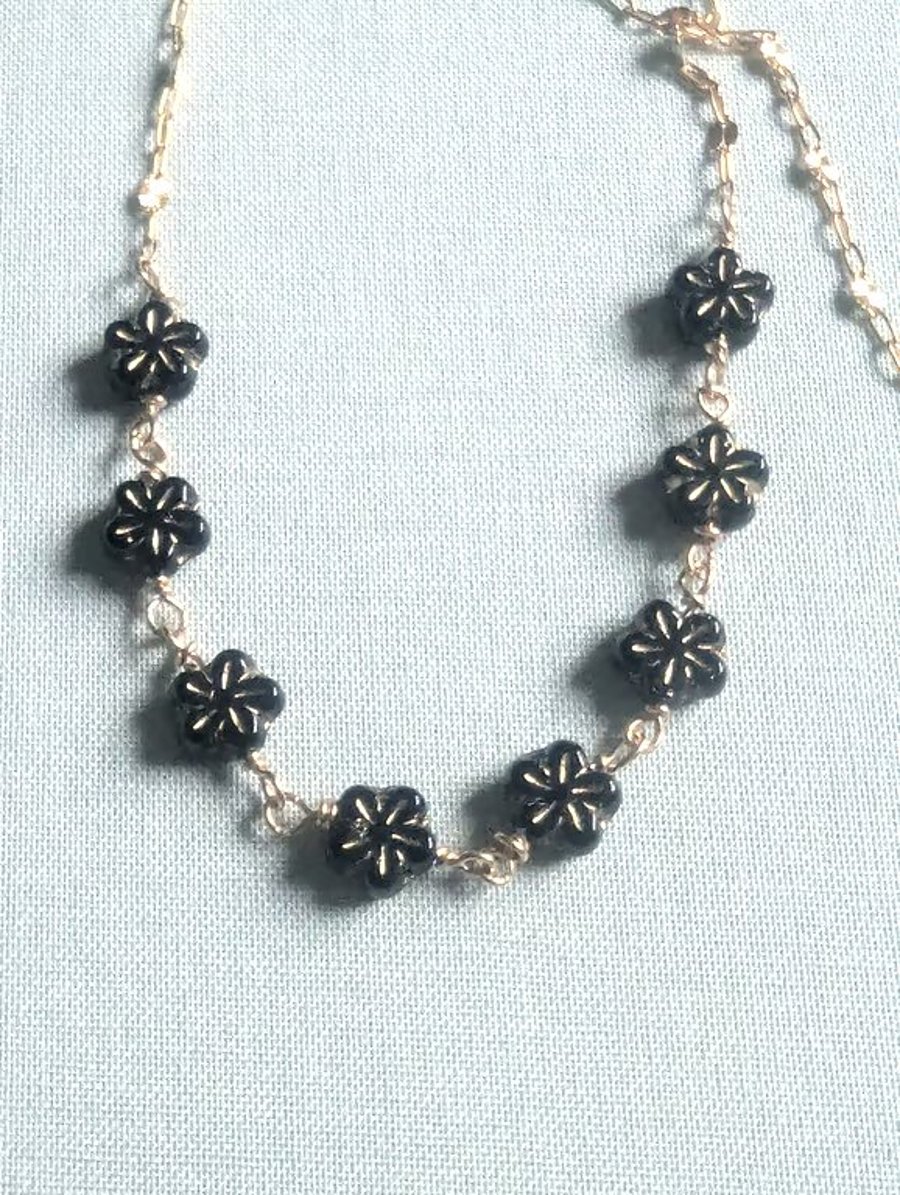 Gold Filled Chain Necklace with Vintage Czech Glass Flower Beads