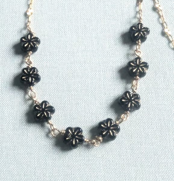 Gold Filled Chain Necklace with Vintage Czech Glass Flower Beads