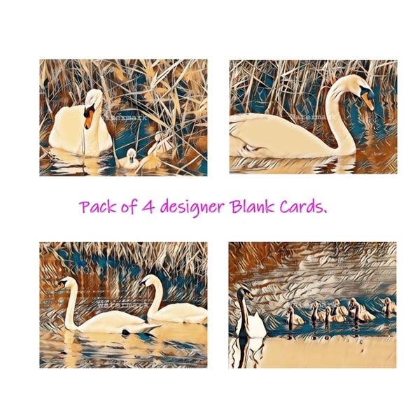  Pack of 4 Blank Swan Cards Unique Designs A5 Size.