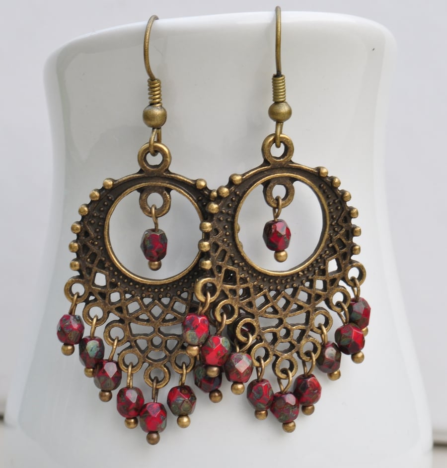 Scarlet Moon Filigree & Red Czech Bead Earrings