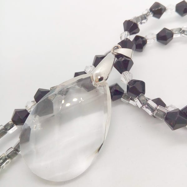 Clear Oval Crystal Pendant on a Black and Clear Beaded Necklace, Gift for Her