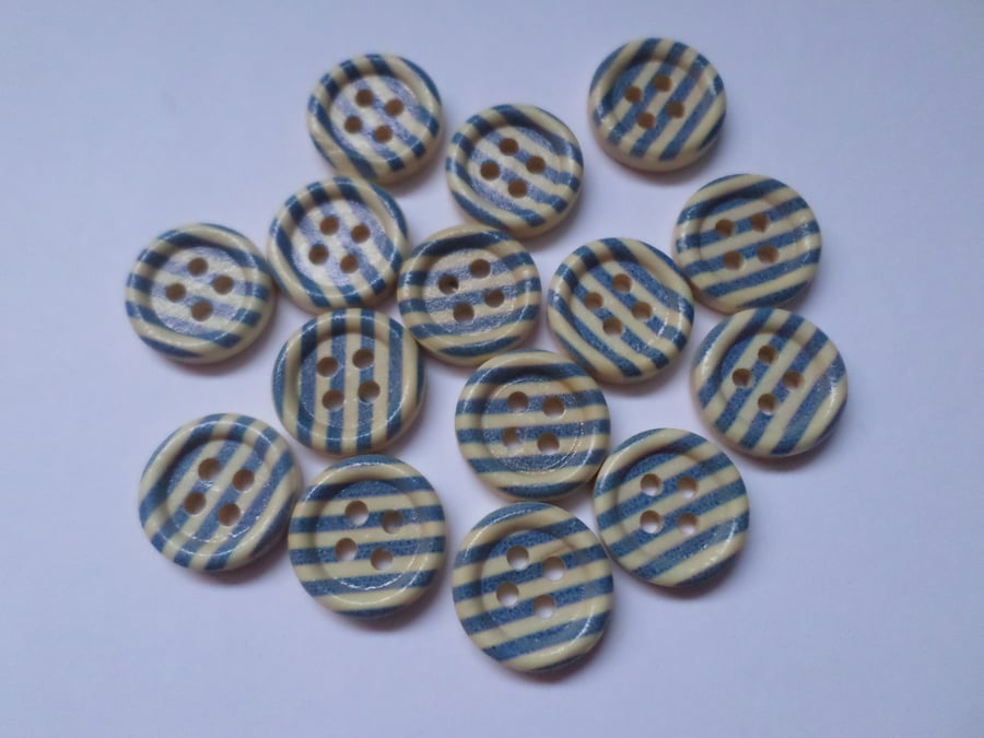 15 x 4-Hole Printed Wooden Buttons - Round - 15mm - Stripes - Royal Blue 