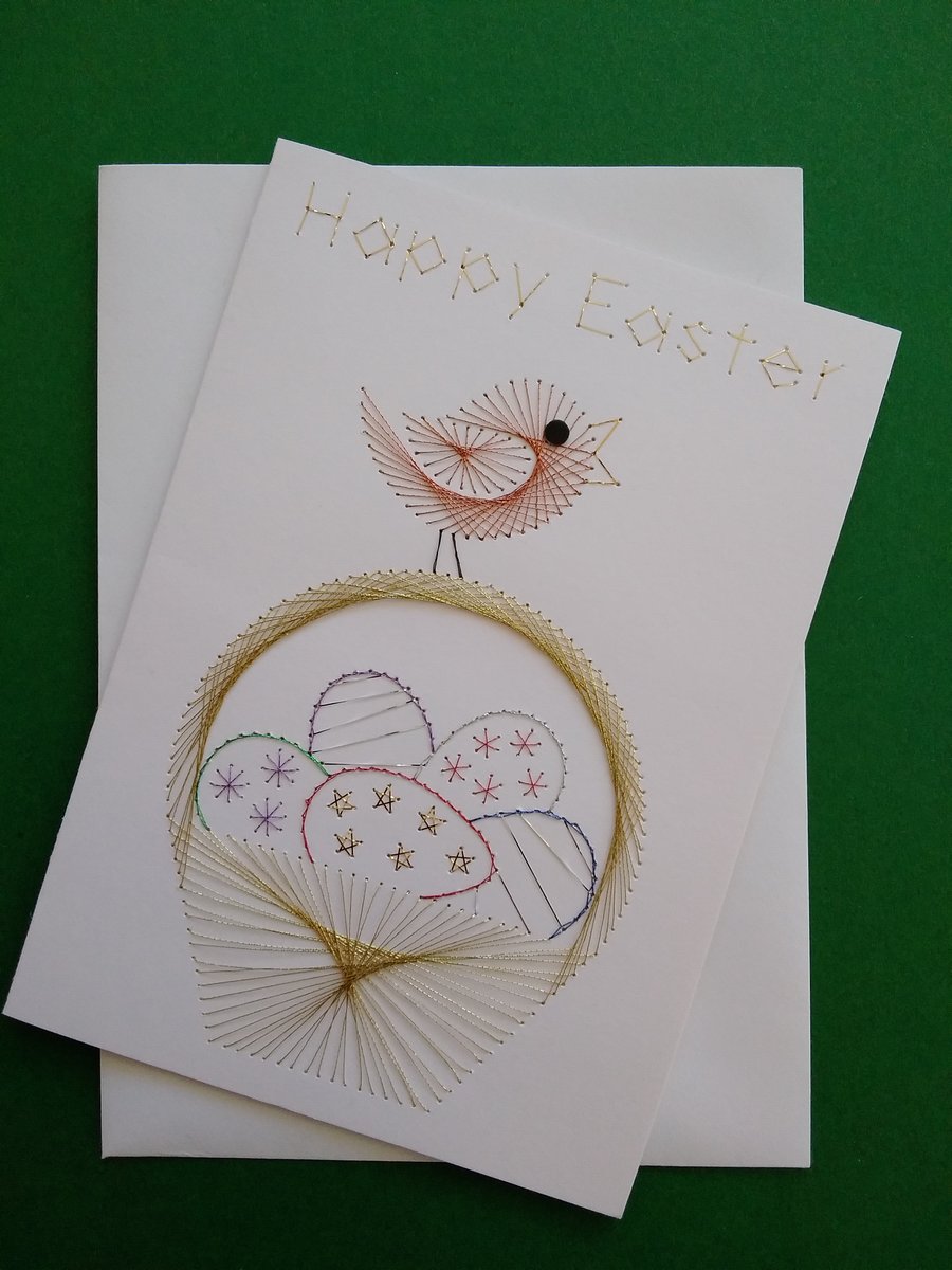 Chick on Easter Egg Basket. Easter Card.