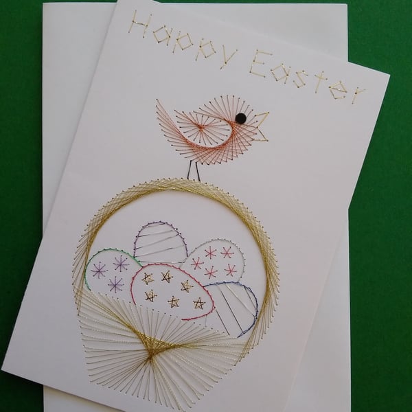 Chick on Easter Egg Basket. Easter Card.