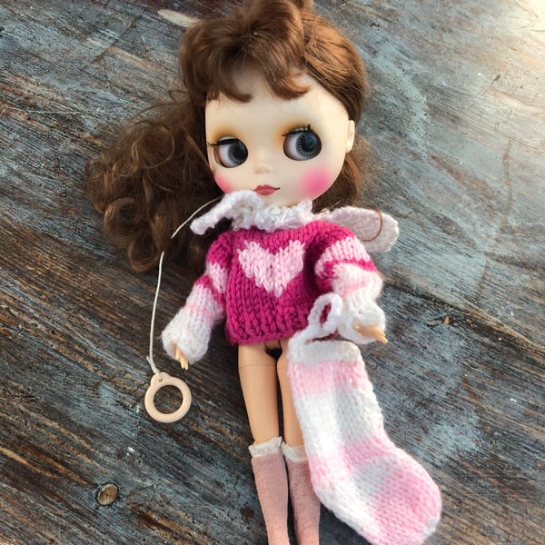 Christmas clothes and stocking for Blythe, Barbie size elves, dolls prop