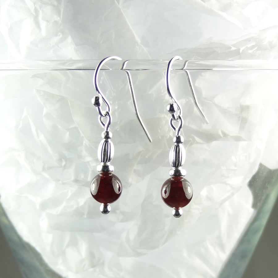 Sterling silver and 6mm dark red Garnet natural stone drop dangle earrings