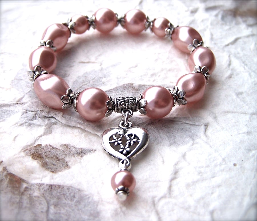 Pink Pearl Bracelet, Silver Heart Charm, Bridesmaid, Delicate, Blush