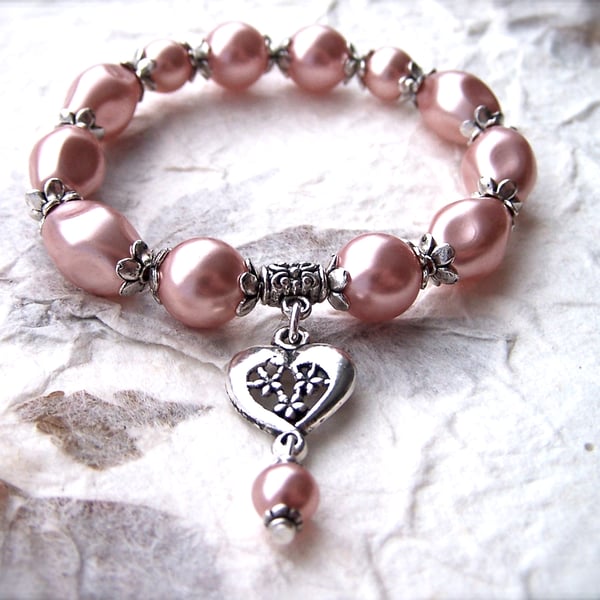 Pink Pearl Bracelet, Silver Heart Charm, Bridesmaid, Delicate, Blush