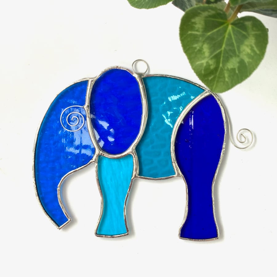 Stained Glass Large Elephant Suncatcher - Hanging Decoration - Blue and Turq