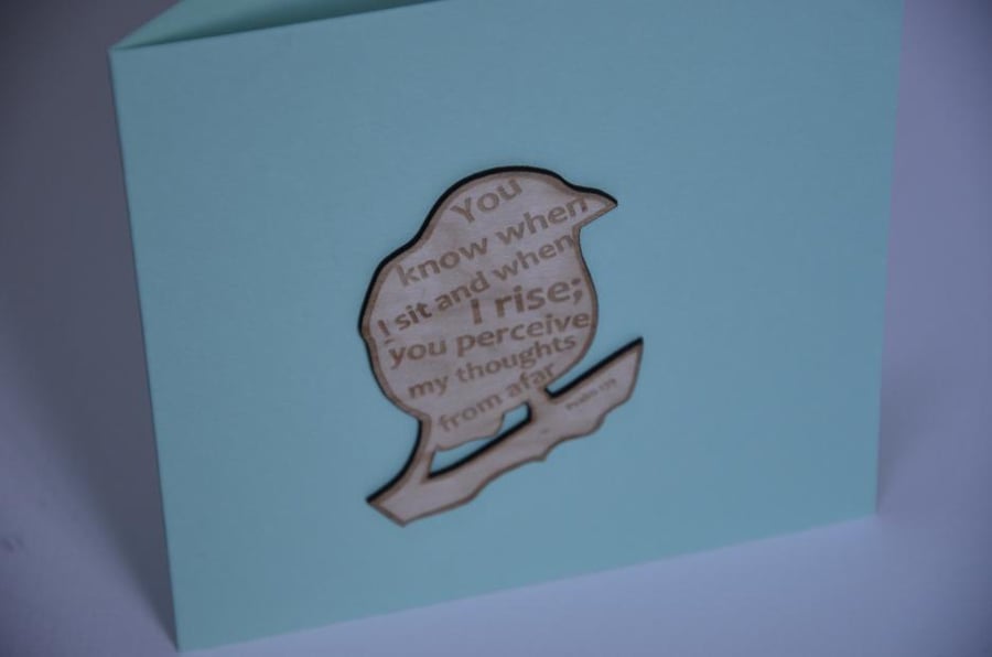 'Laser Tweet' card (pale green, with etched wood bird)