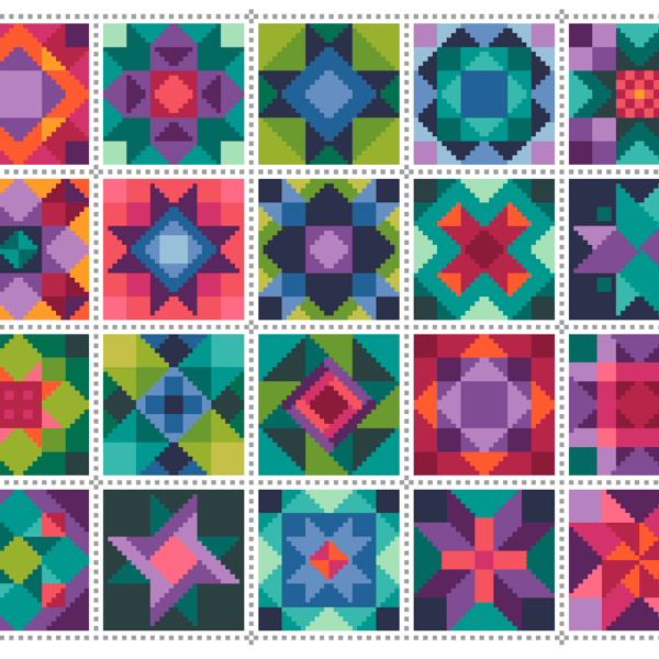 066A - Cross Stitch Chart Patchwork Quilt Block Pattern Squares, Gemstone Forest