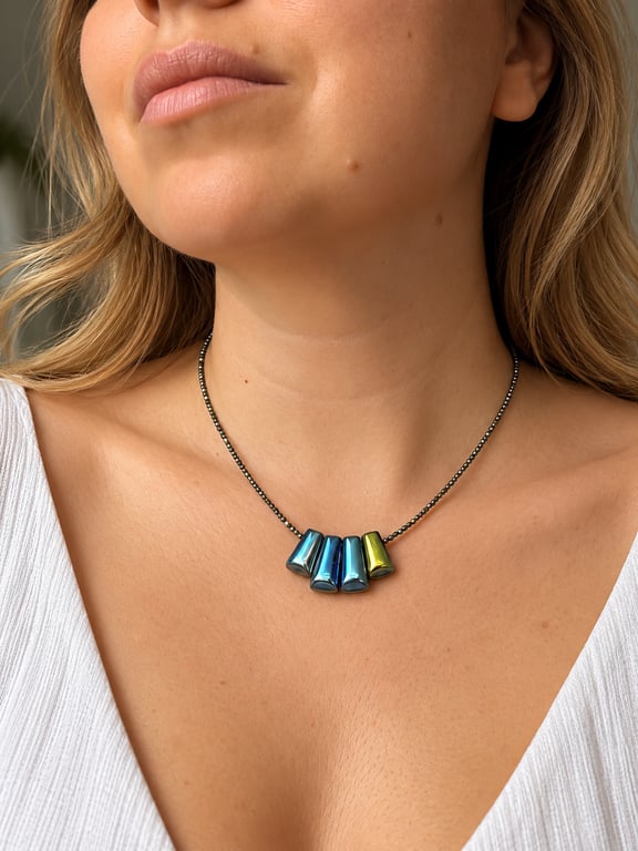 Handmade Hematite Necklace with Iridescent Geometric Pendant