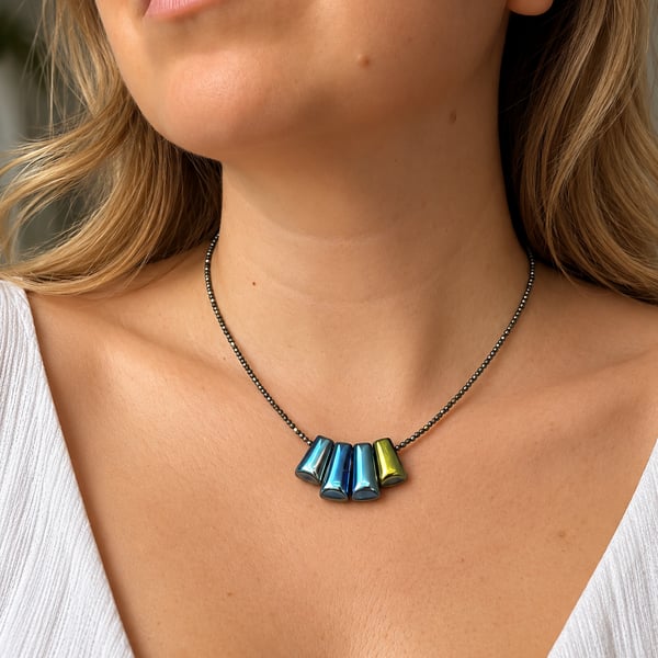 Handmade Hematite Necklace with Iridescent Geometric Pendant