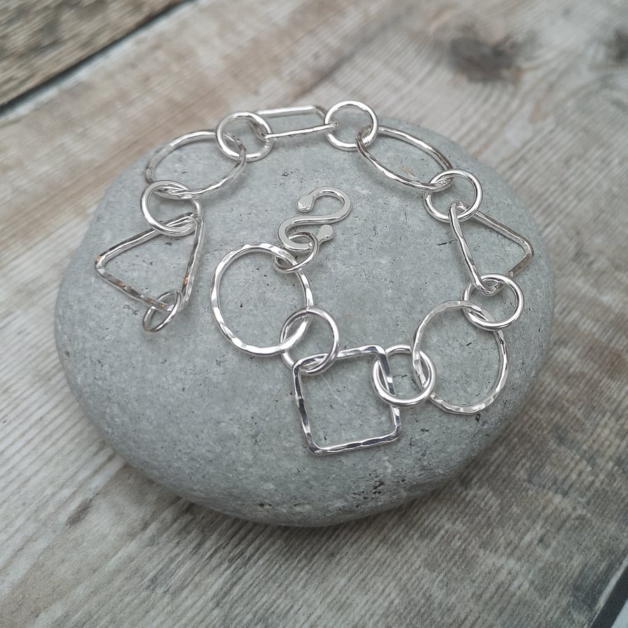 Sterling Silver Geometric Shape Link Chain Bracelet 