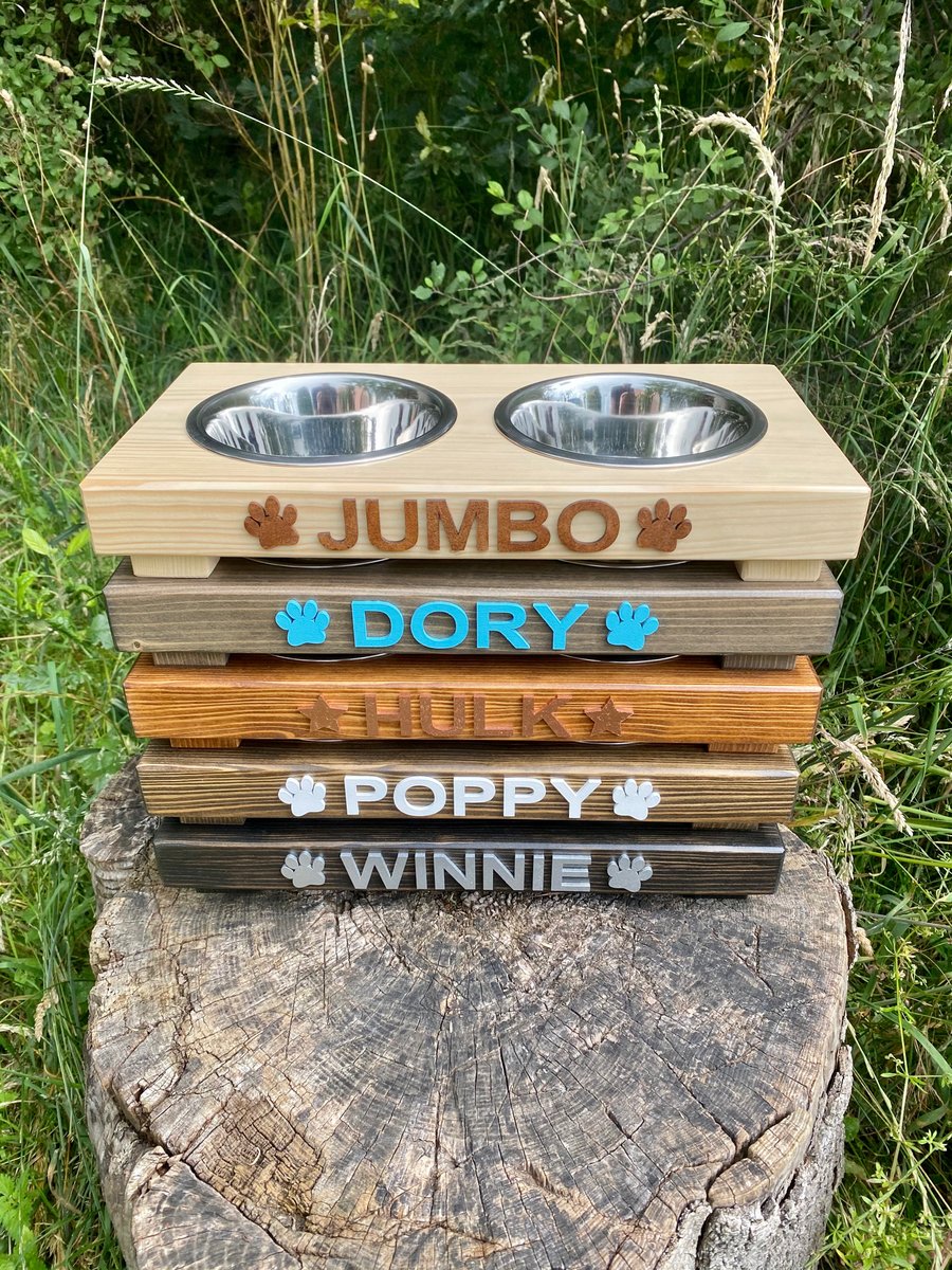 Customised Wooden Dog Feeder. Stainless Steel Bowls. 