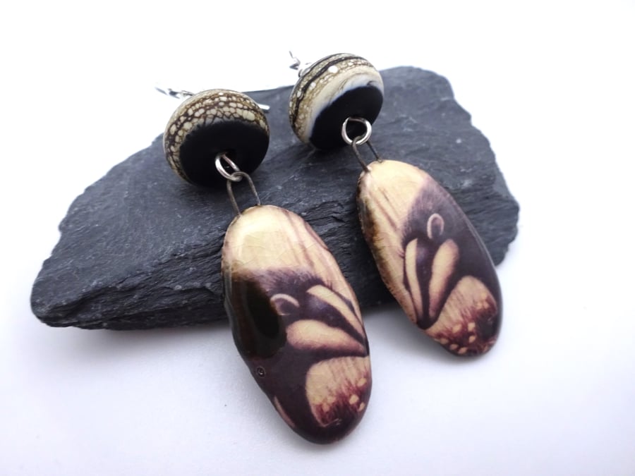 lampwork glass earrings, ceramic badger jewellery