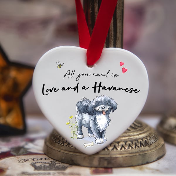 Love and a Havanese Fawn Grey & White Ceramic Heart