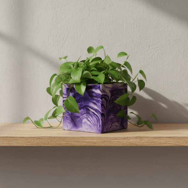 Purple Plant Pot Cube - 10 cm Unique Violet Marbled Planter