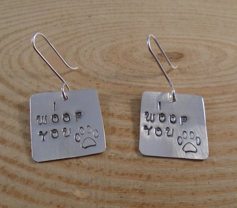 Sterling Silver Stamped 'I Woof You' Drop Dangle Earrings