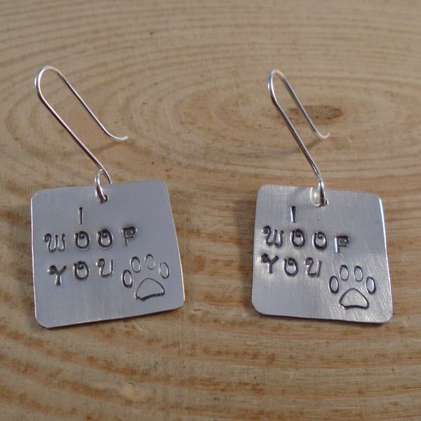 Sterling Silver Stamped 'I Woof You' Drop Dangle Earrings