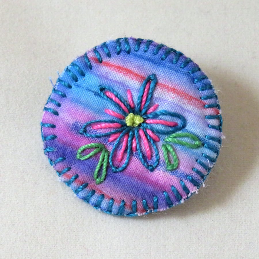 Simple Flower Badge Style brooch hand stitched on hand painted background