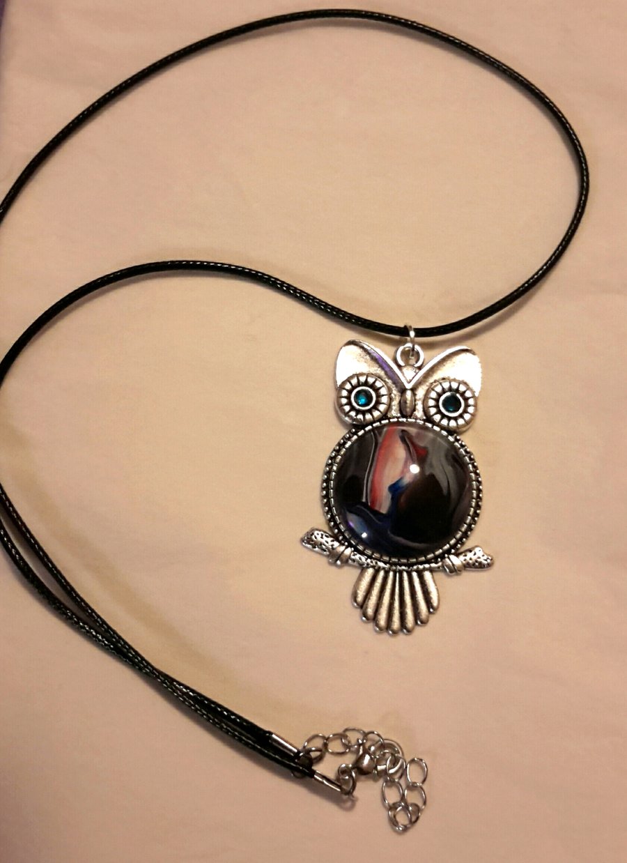 Handmade fluid art Owl pendant, dark blue, red and white.