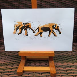 Elephant Chase Limited Edition Hand-Pulled Linocut Art Print white