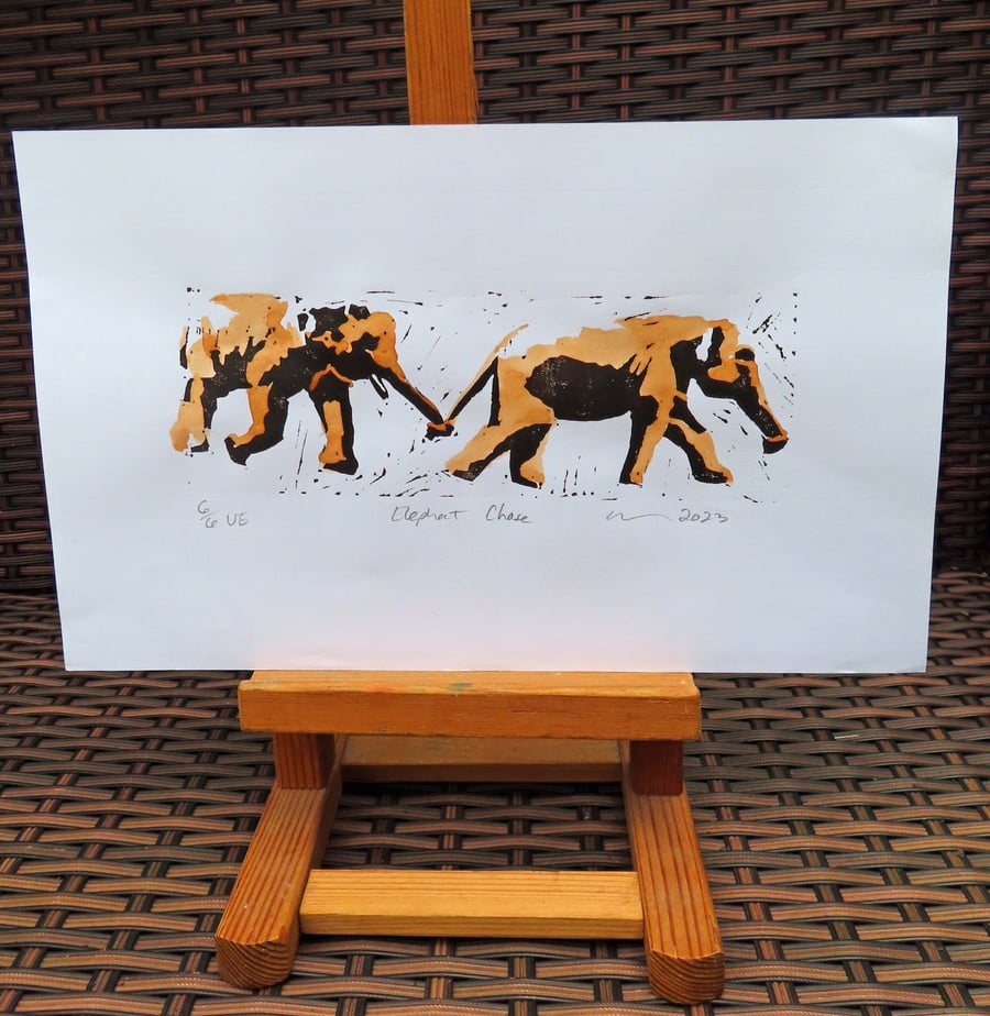 Elephant Chase Limited Edition Hand-Pulled Linocut Art Print white