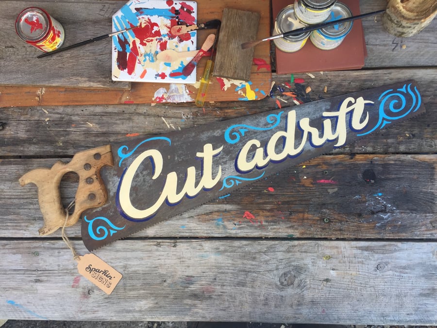 'Cut adrift' hand-painted vintage saw
