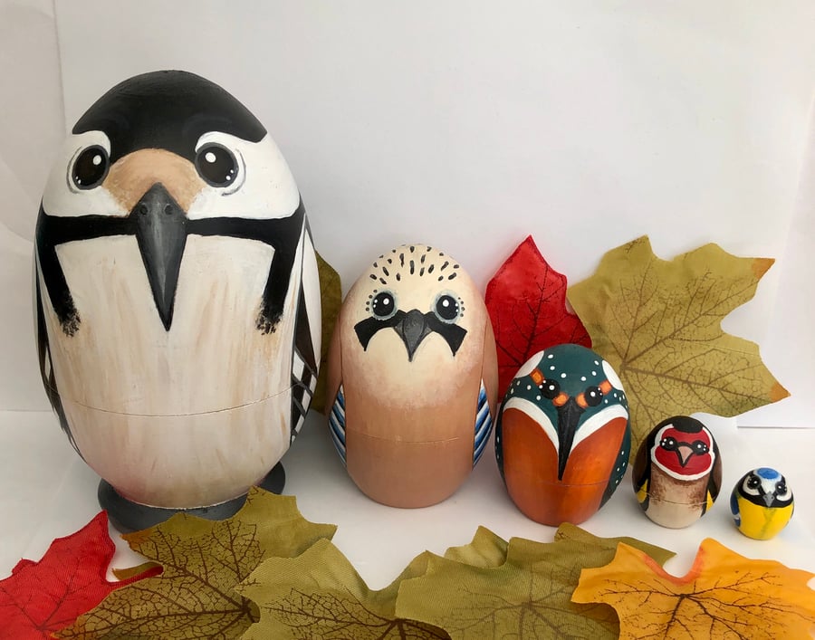 Colourful birds hand painted nesting dolls set of 5 (russian dolls)