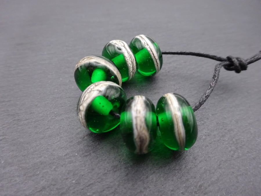 lampwork glass beads, green wrapped set
