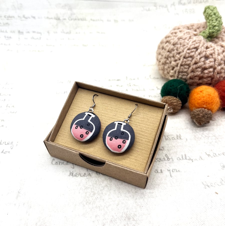 Pink Potion bottle science Halloween fabric button earrings -RESERVED FOR DAYZEE