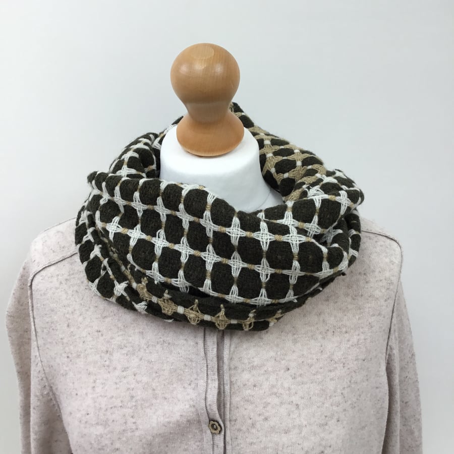 Merino cowl scarf woven with British lambswool in olive green and gold tones