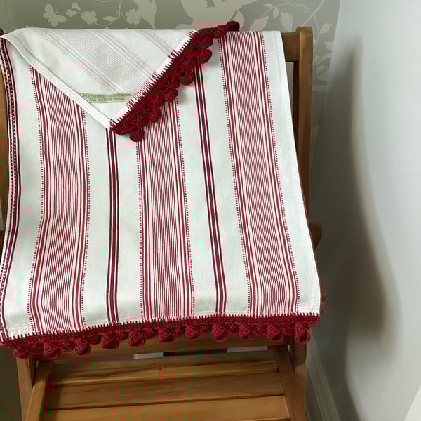 Large Tea Towel from Heacham Stripe Cranberry cotton fabric with crochet borders