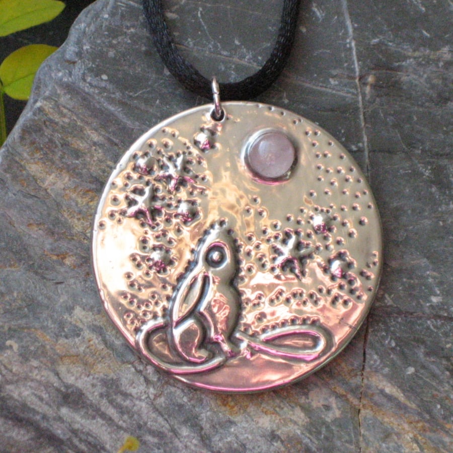  Moongazing Hare Silver Pewter Pendant Necklace with Rose Quartz