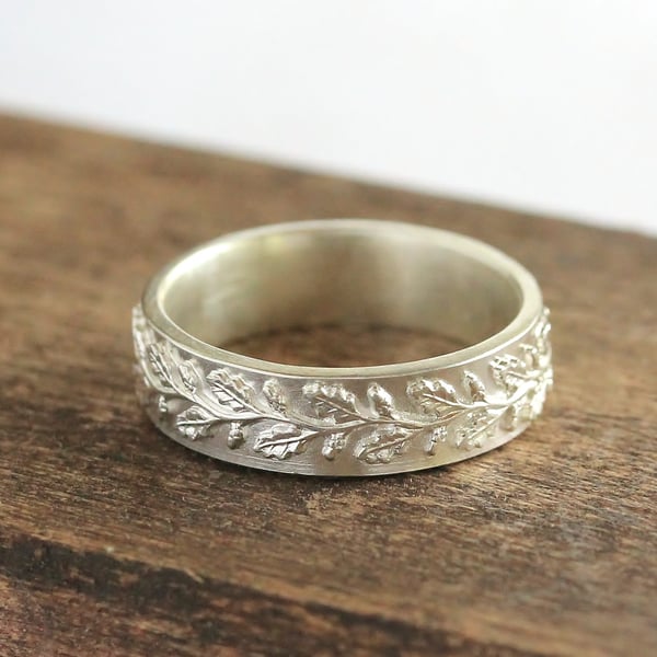 Silver Wedding Ring - Silver Woodland Ring - Handmade Silver Band