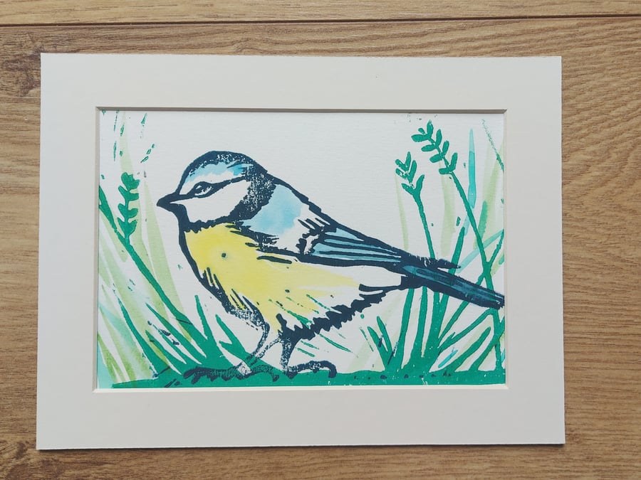 Blue Tit Linoprint with watercolour