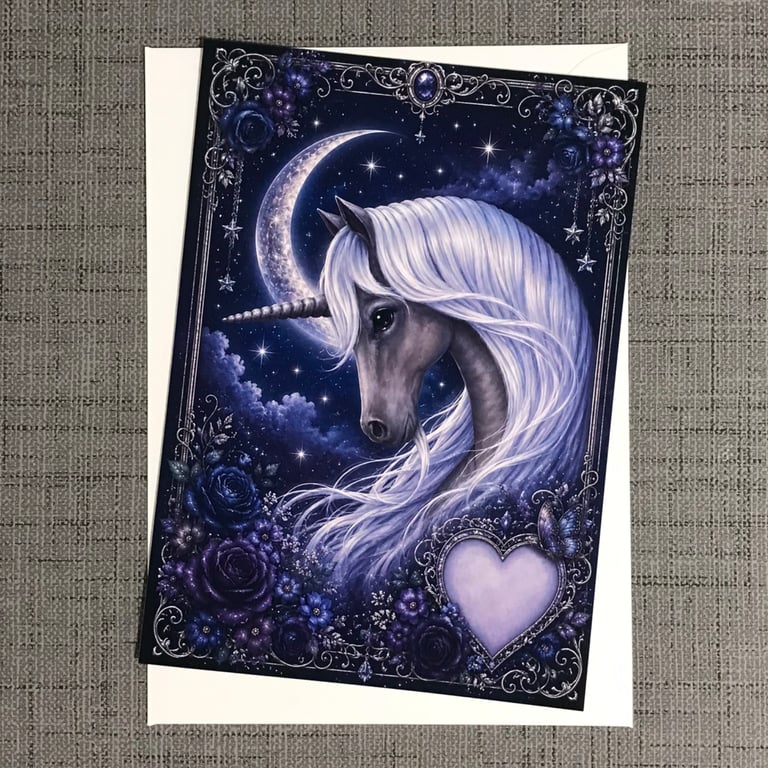 Midnight Unicorn & Crescent Moon Blank Greeting Card — A5 Size — Inc Envelope